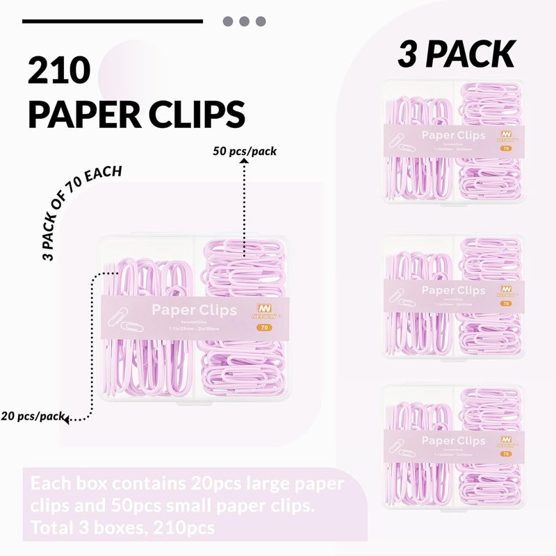 NEEWAY Colorful Paper Clips Assorted Sizes, Small and Large Paperclips, 210 Count, 3 Pack of 70 (Light Purple) - Image 3